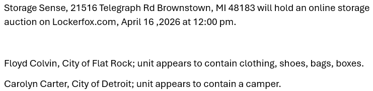 Storage auction in Brownstown, MI