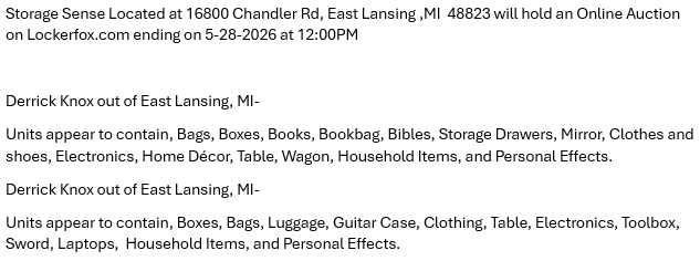 Storage auction in East Lansing, MI