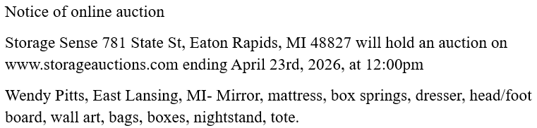 Storage auction in Eaton Rapids, MI