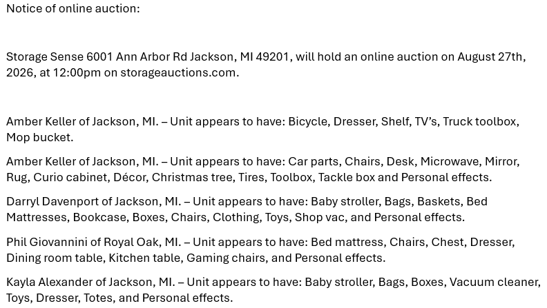 Storage auction in Jackson, MI