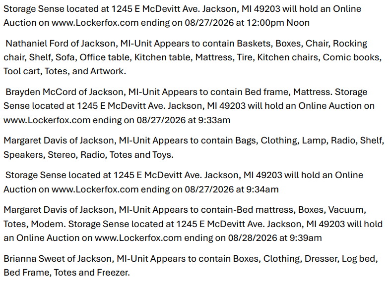 Storage auction in Jackson, MI