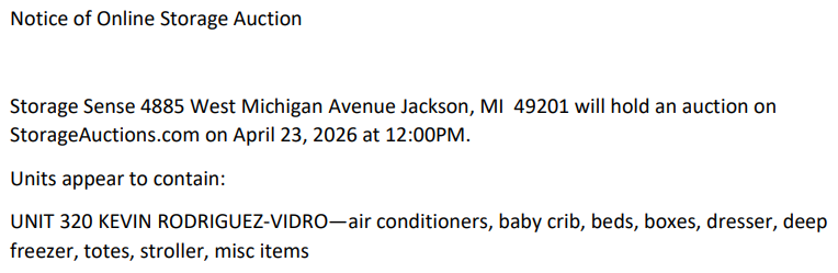 Storage auction in Jackson, MI