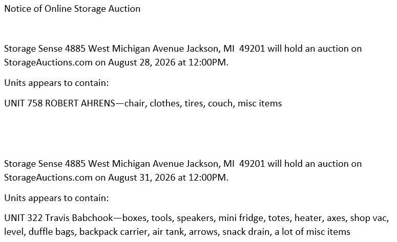 Storage auction in Jackson, MI