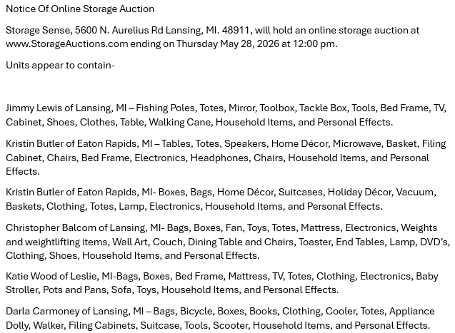 Storage auction in Lansing, MI