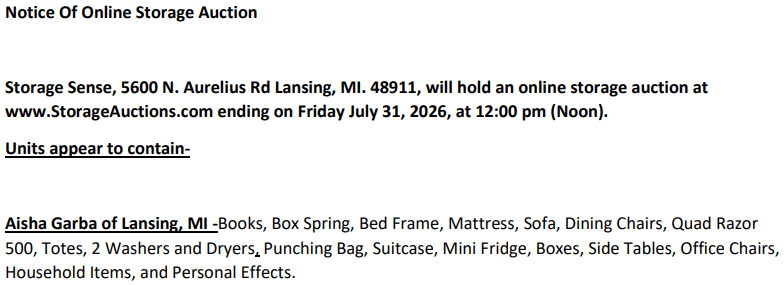 Storage auction in Lansing, MI