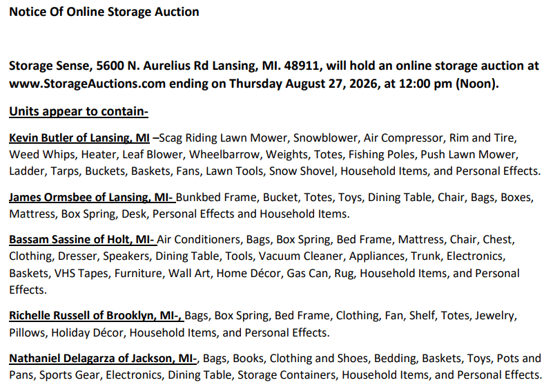 Storage auction in Lansing, MI