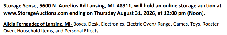 Storage auction in Lansing, MI