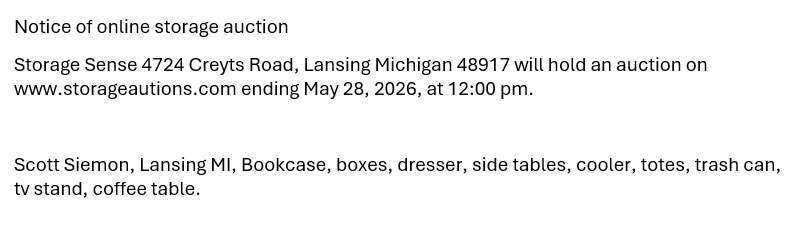 Storage auction in Lansing, MI
