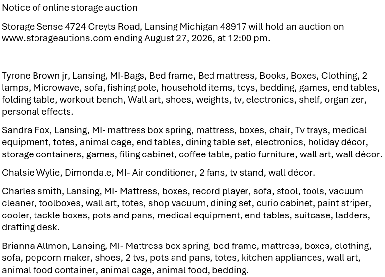 Storage auction in Lansing, MI