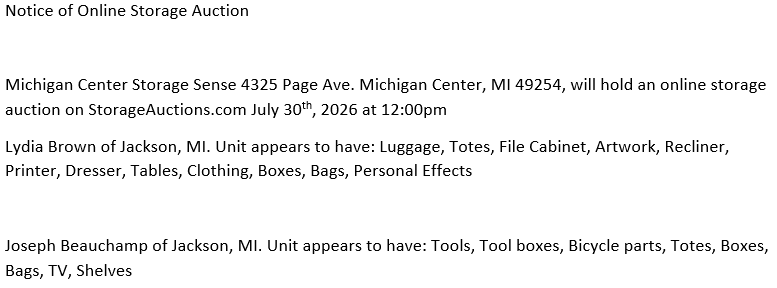 Storage auction in Michigan Center, MI