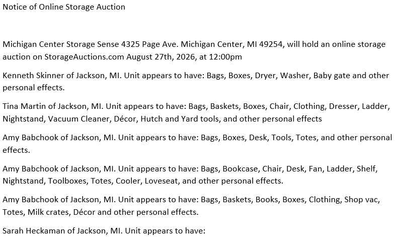 Storage auction in Michigan Center, MI
