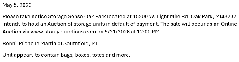 Storage auction in Oak Park, MI