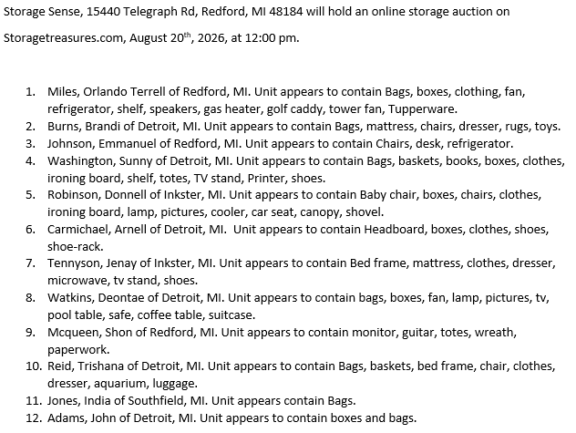 Storage auction in Redford, MI