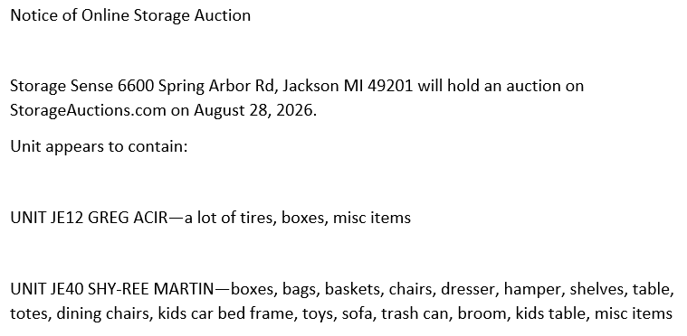 Storage auction in Spring Arbor, MI