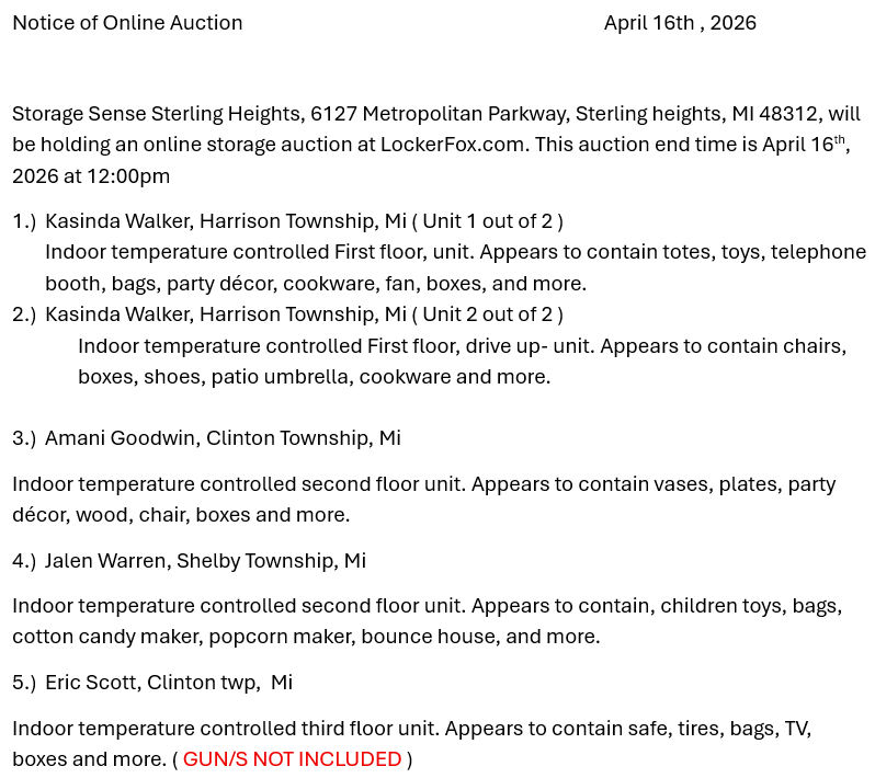 Storage auction in Sterling Heights, MI