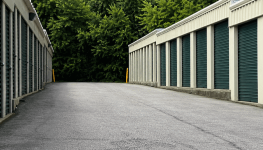 Aisle of drive-up storage units in Farmville VA