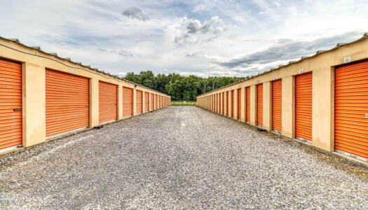 Driveway of drive-up storage units on each side