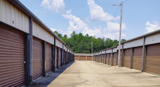 Two rows of drive-up storage units with brown doors