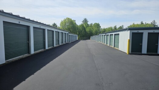 Wide aisle of drive-up storage units