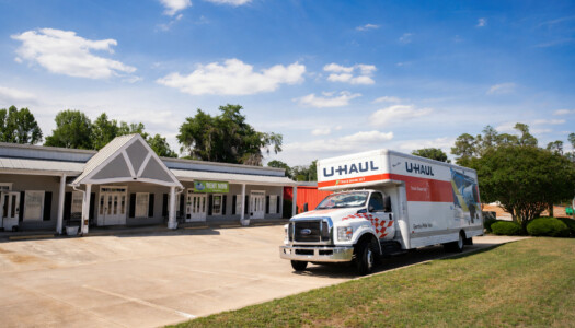 Self storage facility entrance with Uhaul rentals