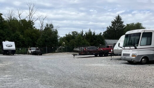 RVs, trailers, and boats parked