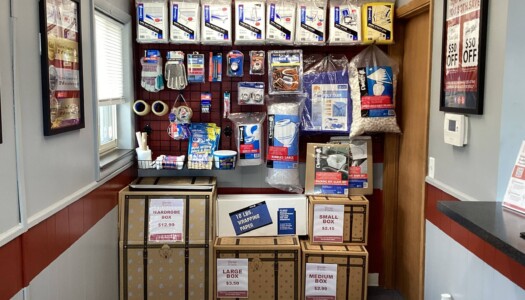 Wall of moving supplies at Storage Sense N Aurelius