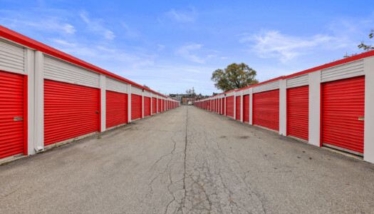 aisle of drive-up storage units at Storage Sense in Columbia, PA