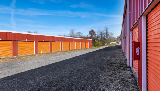 aisle of drive-up storage units at Storage Sense in Littlestown, PA