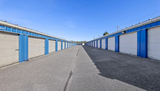 aisle of drive-up storage units at Storage Sense in New Freedom, PA