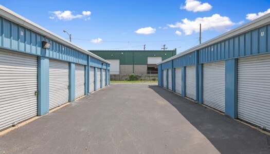 aisle of drive-up storage units at Storage Sense in Waterford Township MI