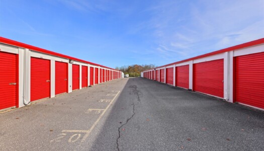 aisle of drive-up storage units at Storage Sense in Waynesboro, PA
