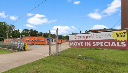 gated entrance to Storage Sense facility on I-45 in Huntsville, TX