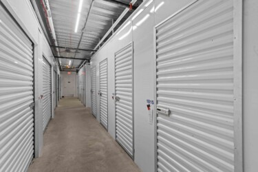 hallway of temperature-controlled storage units at Storage Sense in Waxahachie, TX