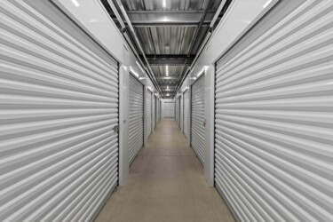 hallway of temperature-controlled storage units at Storage Sense in Waxahachie, TX