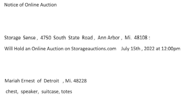 Storage auction in Ann Arbor, MI