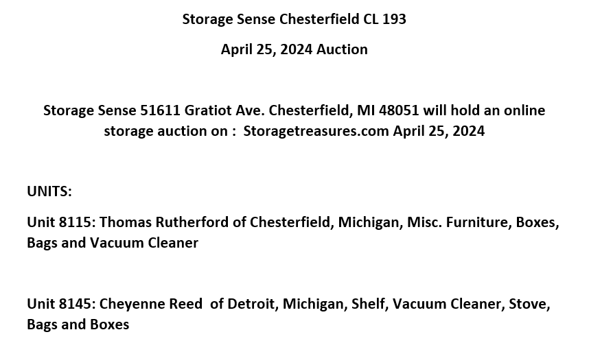 Storage auction in Chesterfield, MI