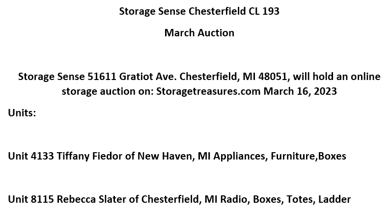 Storage auction in Chesterfield, MI