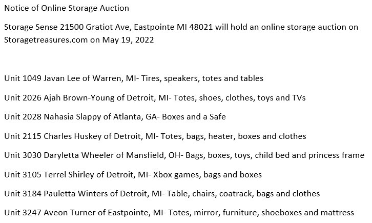 Storage auction in Eastpointe, MI