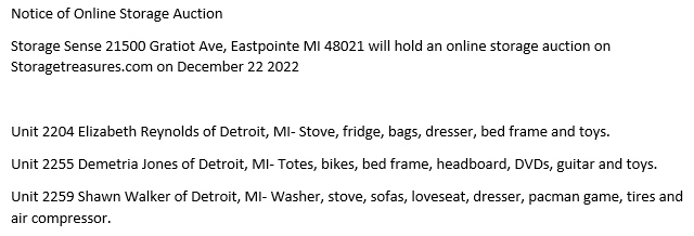Storage auction in Eastpointe, MI