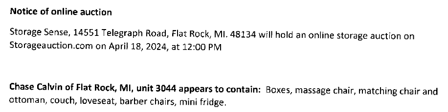 Storage auction in Flat Rock, MI