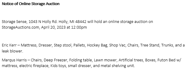 Storage auction in Holly, MI