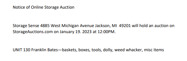 Storage auction in Jackson, MI
