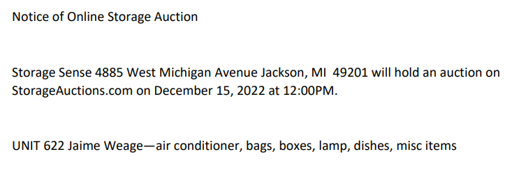 Storage auction in Jackson, MI