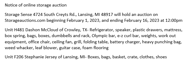 Storage auction in Lansing, MI