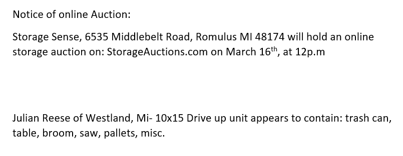 Storage auction in Romulus, MI