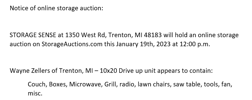 Storage auction in Trenton, MI