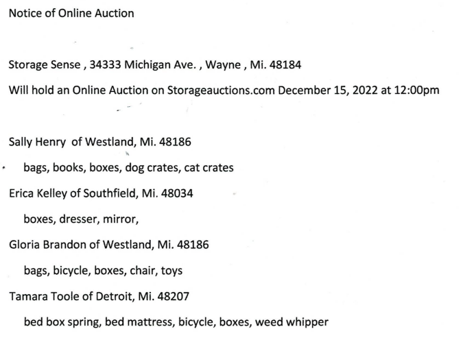Storage auction in Wayne, MI